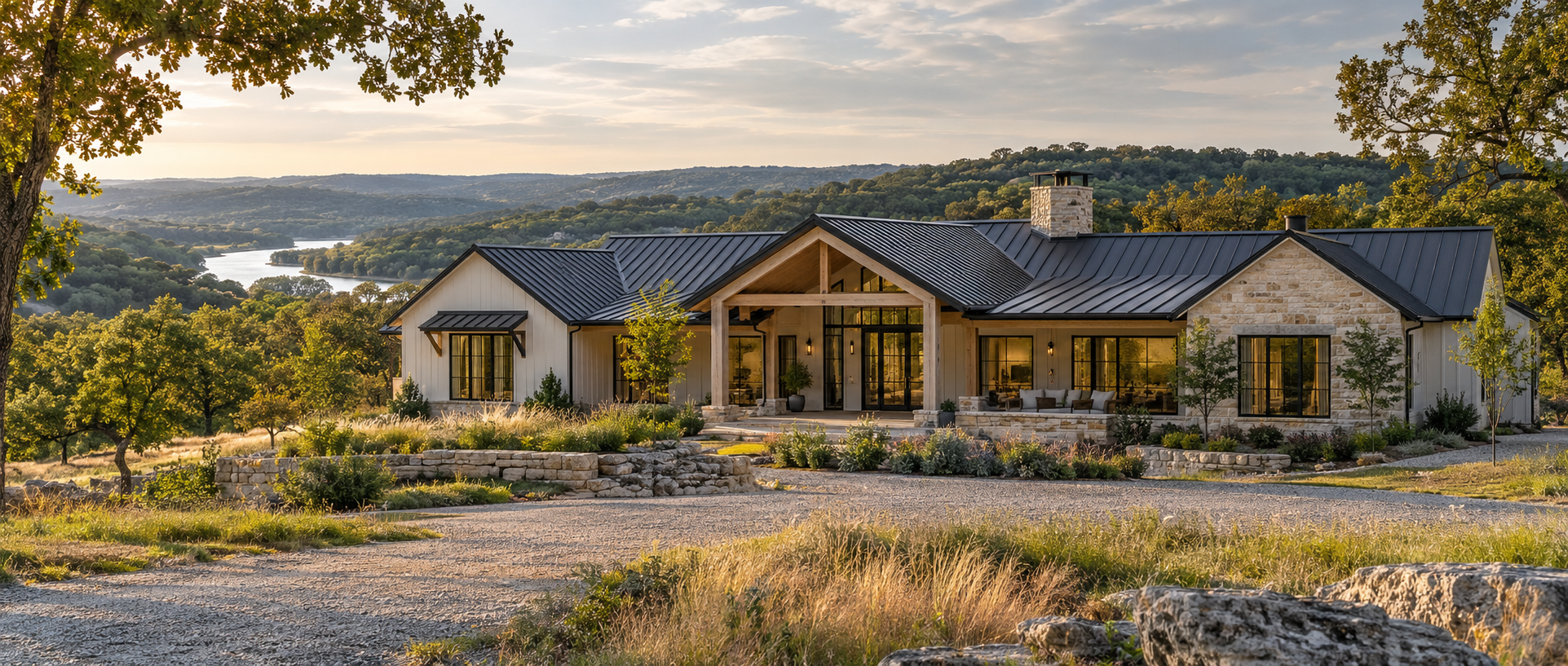 Modern home with stone accents and broad covered living spaces